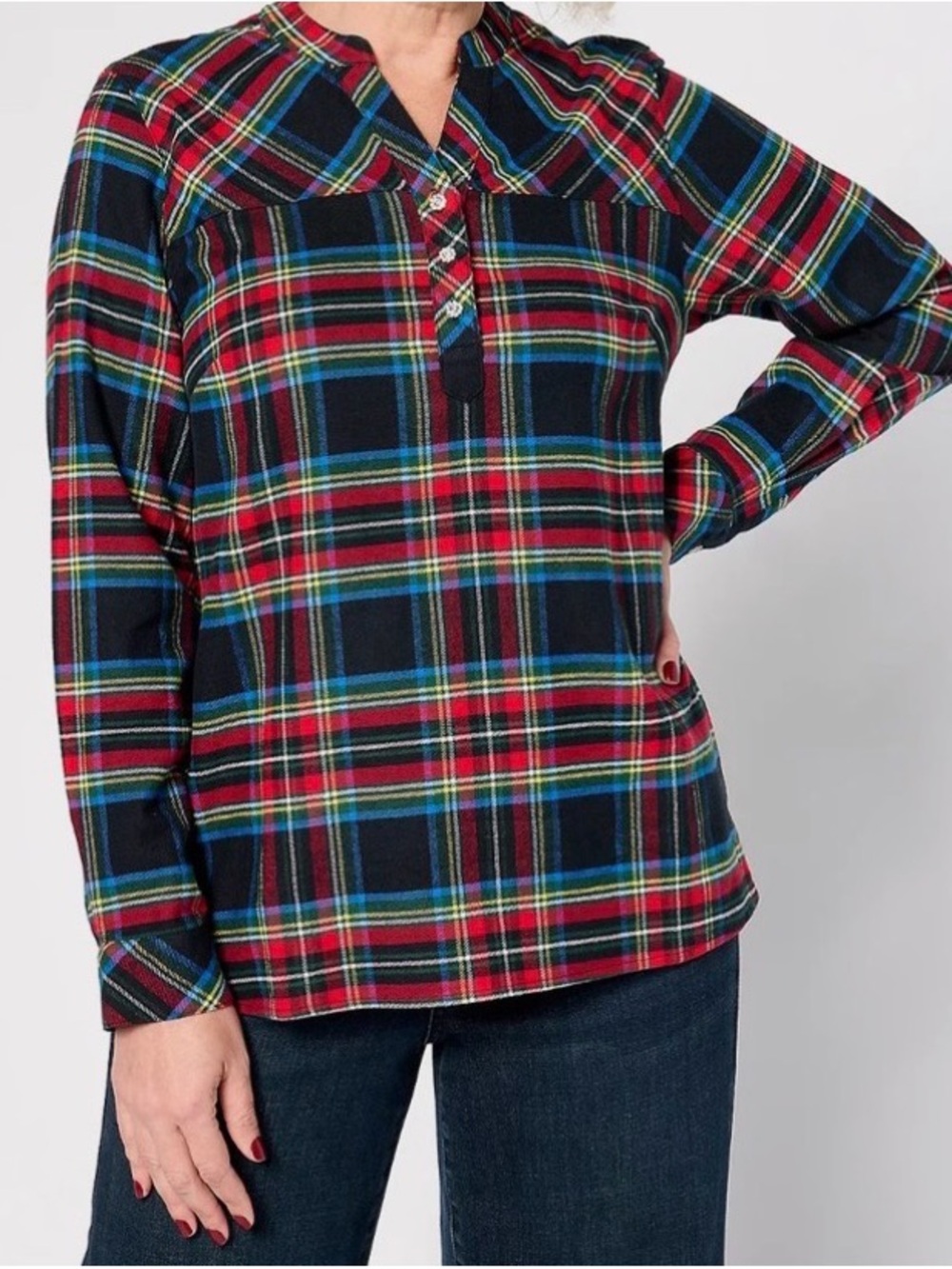 NWT Joan Rivers Cotton Plaid Pull-Over Blouse with Crystal Buttons Black Medium